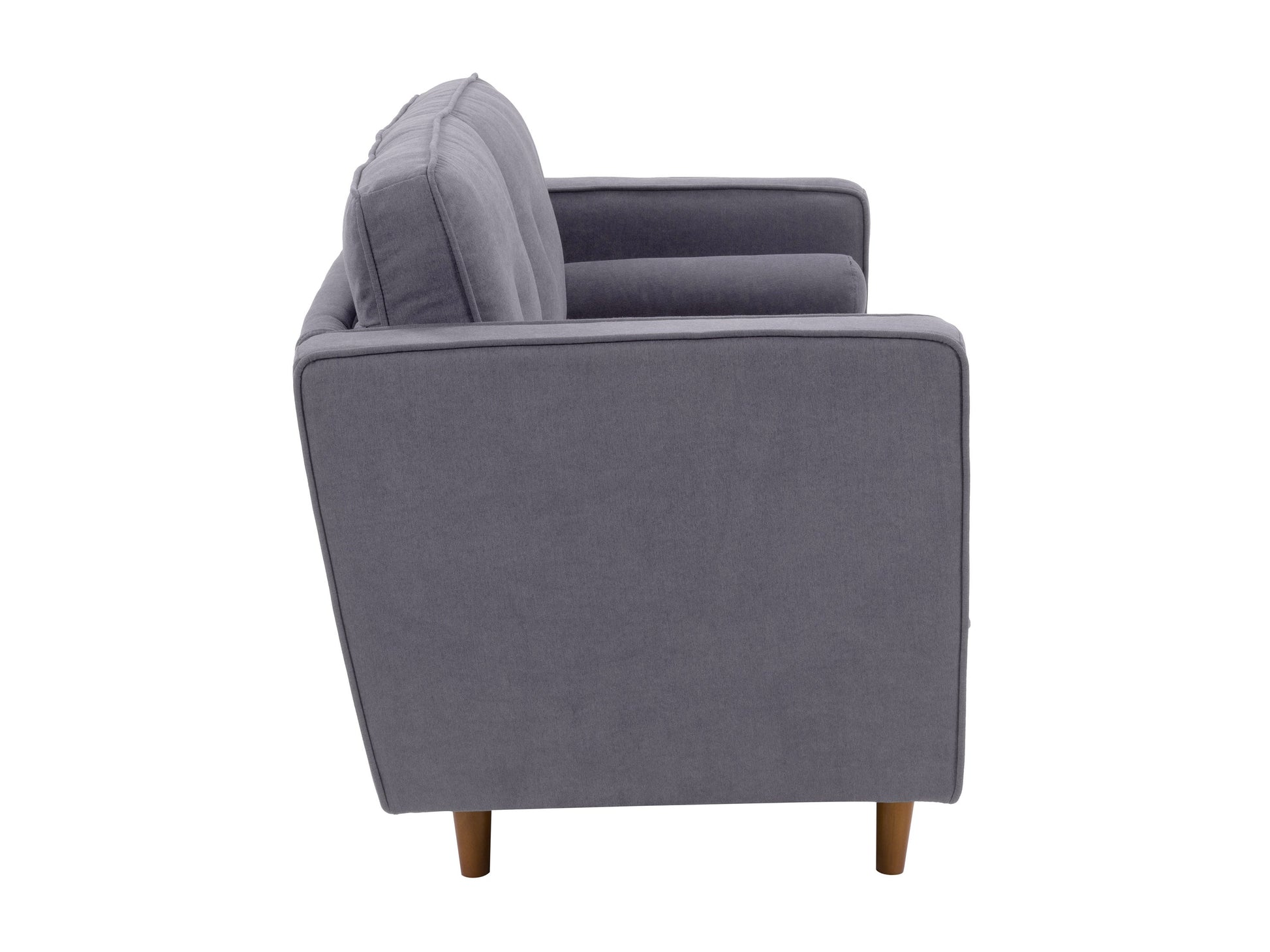 Grey two-seater loveseat sofa with plush cushions, soft fabric upholstery, and modern wooden legs, perfect for small living rooms or apartments.