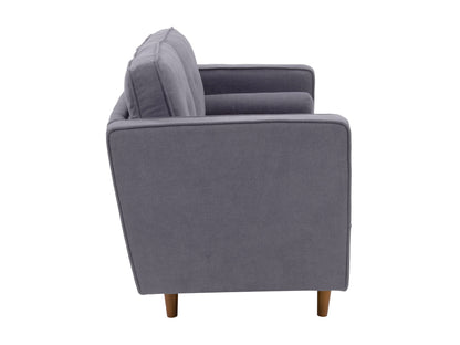 Grey two-seater loveseat sofa with plush cushions, soft fabric upholstery, and modern wooden legs, perfect for small living rooms or apartments.