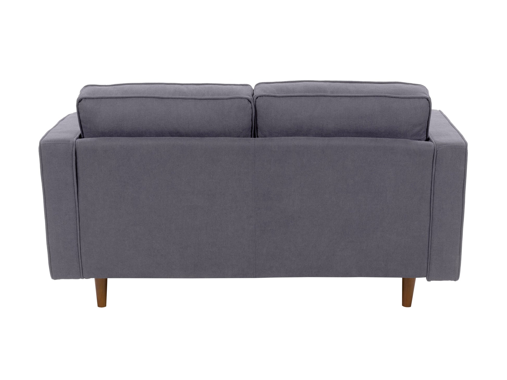 Grey two-seater loveseat sofa with plush cushions, soft fabric upholstery, and modern wooden legs, perfect for small living rooms or apartments.