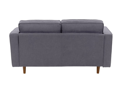 Grey two-seater loveseat sofa with plush cushions, soft fabric upholstery, and modern wooden legs, perfect for small living rooms or apartments.