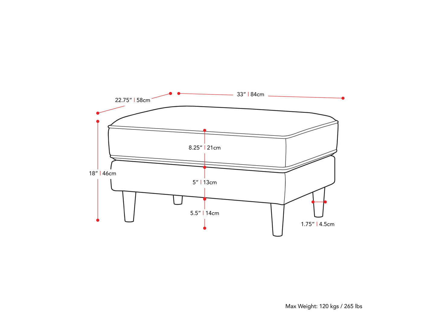 Grey mid-century modern ottoman with wooden legs, upholstered in soft fabric. Features a minimalist design with tufted top cushion and sturdy construction, perfect for living room or office decor.