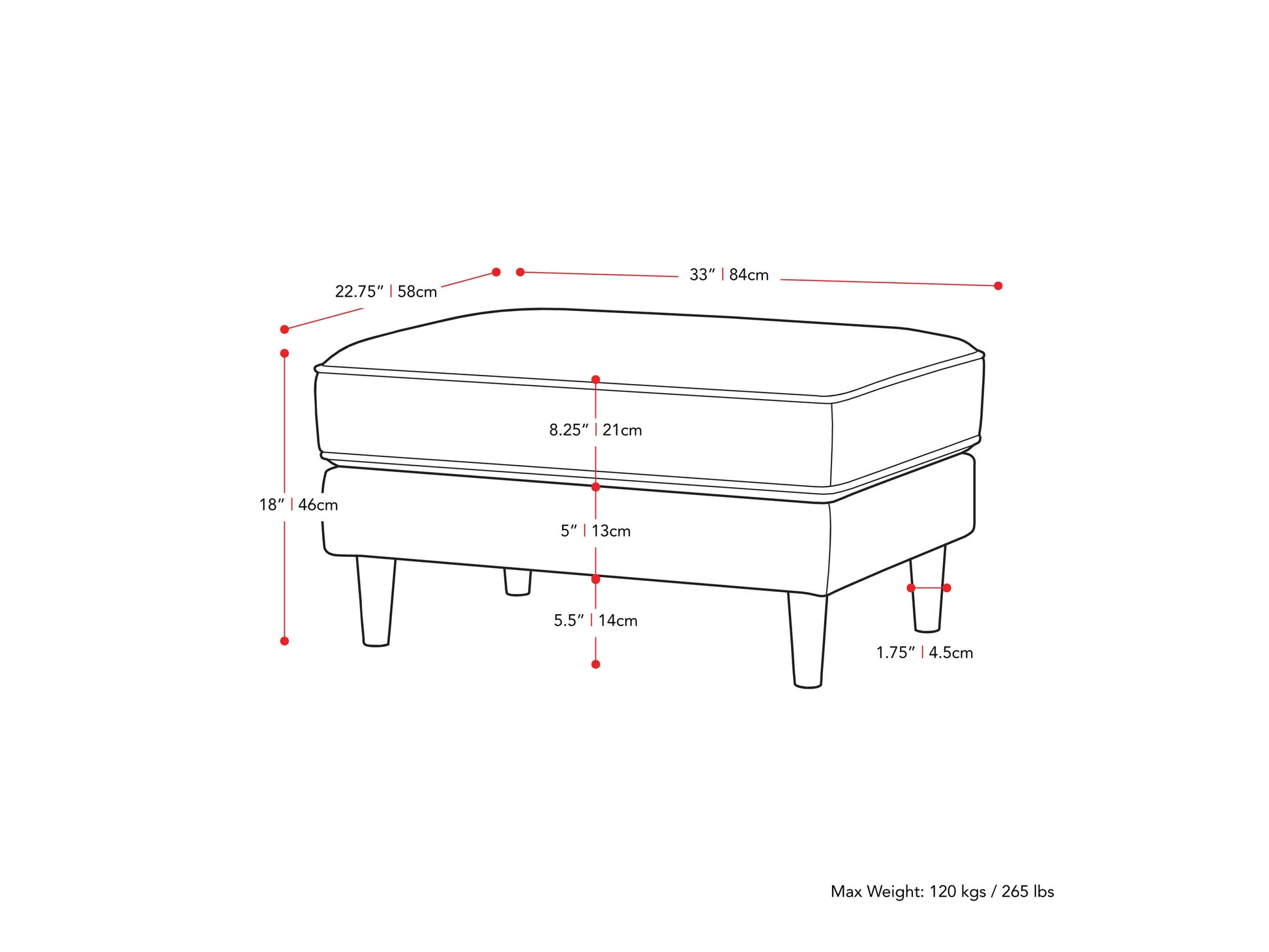 Grey mid-century modern ottoman with wooden legs, upholstered in soft fabric. Features a minimalist design with tufted top cushion and sturdy construction, perfect for living room or office decor.