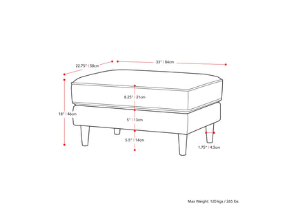 Grey mid-century modern ottoman with wooden legs, upholstered in soft fabric. Features a minimalist design with tufted top cushion and sturdy construction, perfect for living room or office decor.