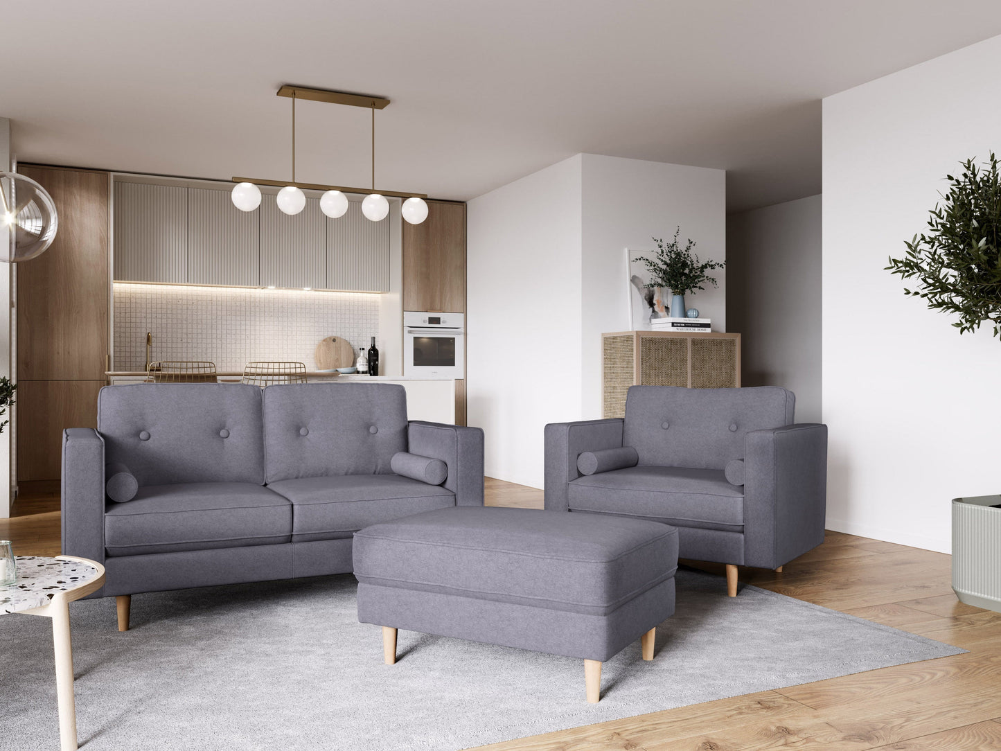 Grey mid-century modern ottoman with wooden legs, upholstered in soft fabric. Features a minimalist design with tufted top cushion and sturdy construction, perfect for living room or office decor.