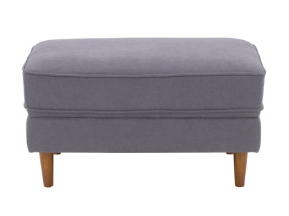 Grey mid-century modern ottoman with wooden legs, upholstered in soft fabric. Features a minimalist design with tufted top cushion and sturdy construction, perfect for living room or office decor.