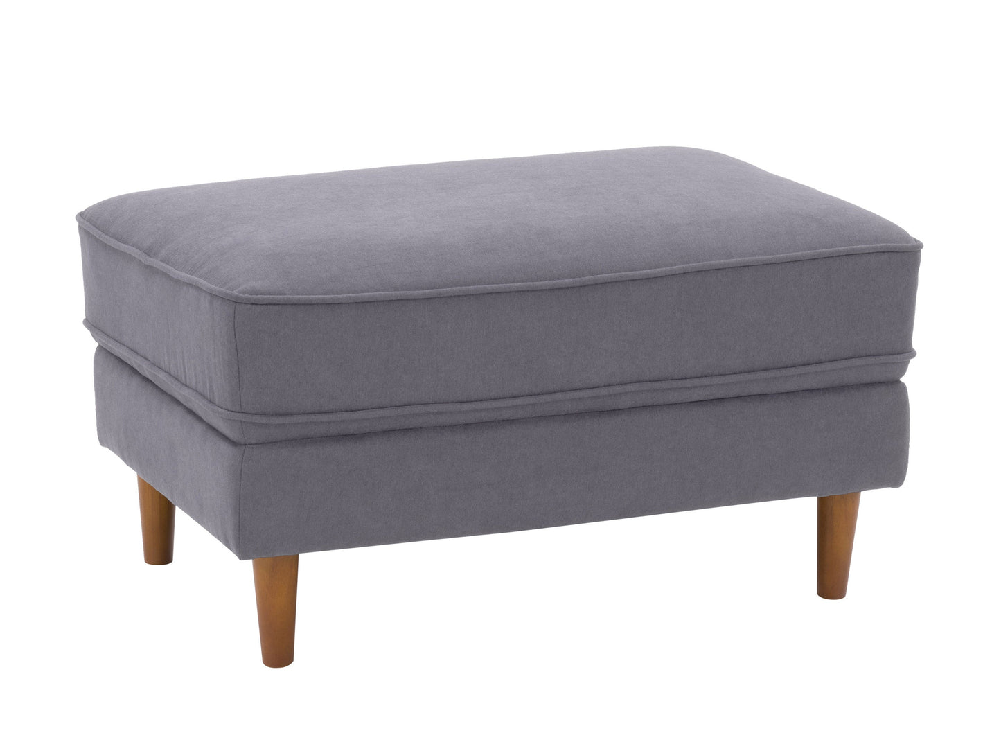 Grey mid-century modern ottoman with wooden legs, upholstered in soft fabric. Features a minimalist design with tufted top cushion and sturdy construction, perfect for living room or office decor.