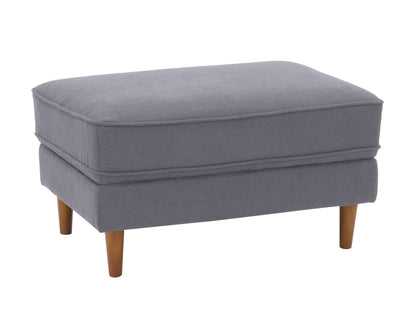 Grey mid-century modern ottoman with wooden legs, upholstered in soft fabric. Features a minimalist design with tufted top cushion and sturdy construction, perfect for living room or office decor.
