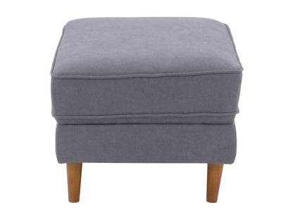 Grey mid-century modern ottoman with wooden legs, upholstered in soft fabric. Features a minimalist design with tufted top cushion and sturdy construction, perfect for living room or office decor.