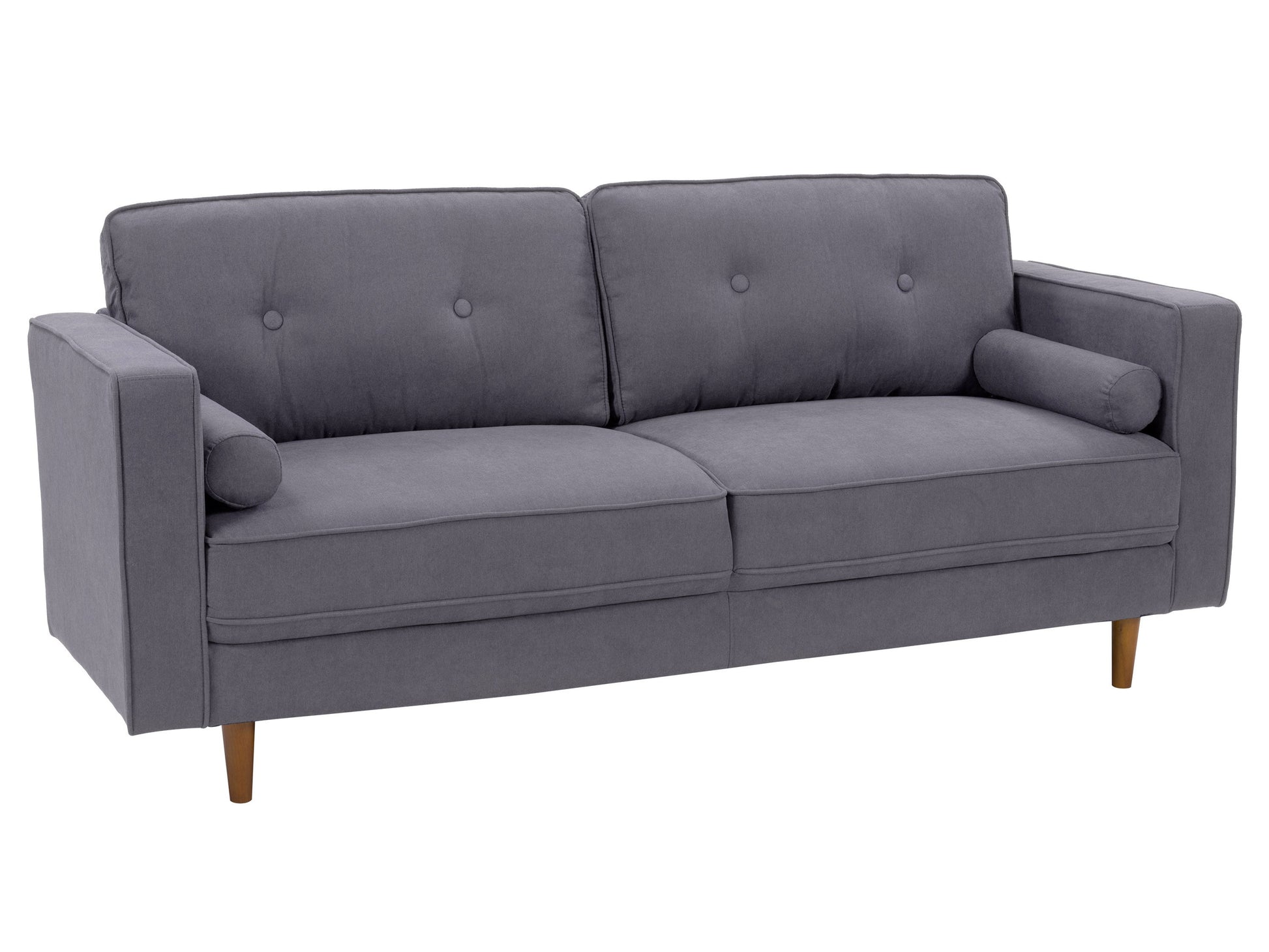 Three-seater grey fabric sofa with plush cushions, modern design, and sleek metal legs, perfect for contemporary living rooms.