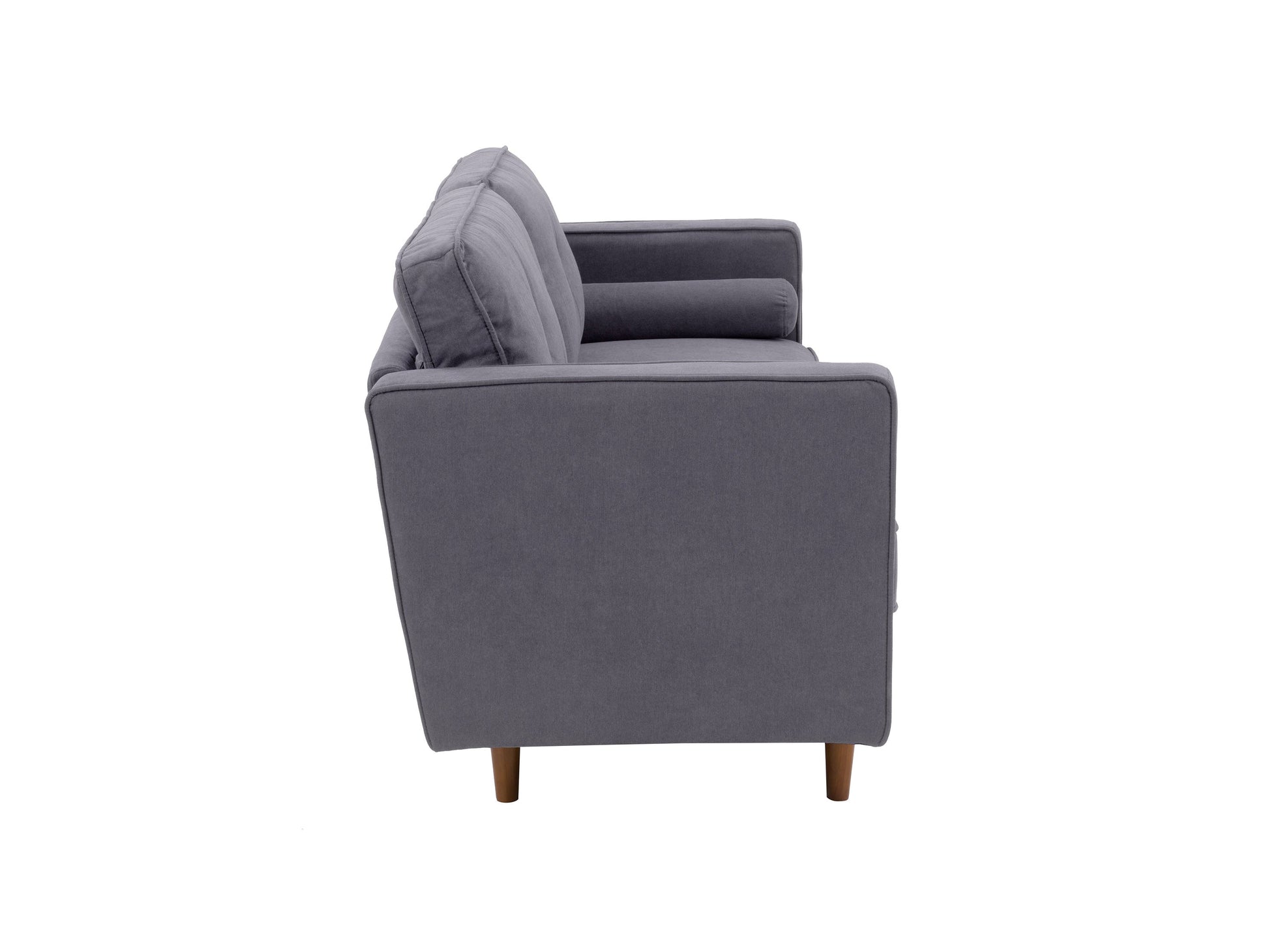 Three-seater grey fabric sofa with plush cushions, modern design, and sleek metal legs, perfect for contemporary living rooms.