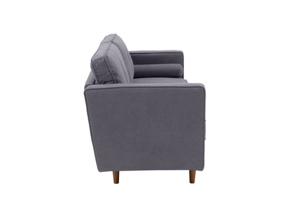 Three-seater grey fabric sofa with plush cushions, modern design, and sleek metal legs, perfect for contemporary living rooms.