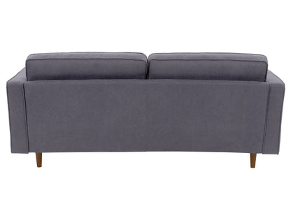 Three-seater grey fabric sofa with plush cushions, modern design, and sleek metal legs, perfect for contemporary living rooms.