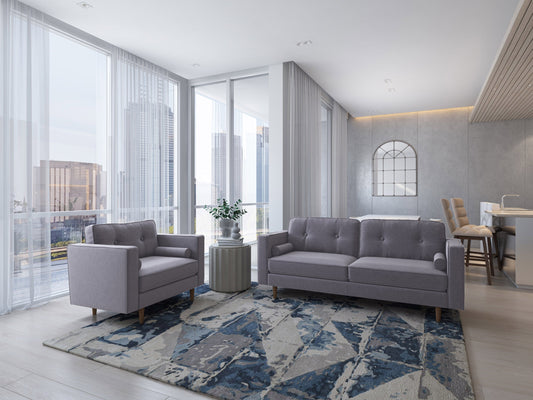 Grey 2-piece sofa and chair set with plush cushions, modern design, and sturdy wooden legs. Perfect for living room comfort and style.