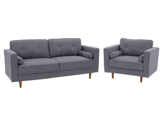 Grey 2-piece sofa and chair set with plush cushions, modern design, and sturdy wooden legs. Perfect for living room comfort and style.