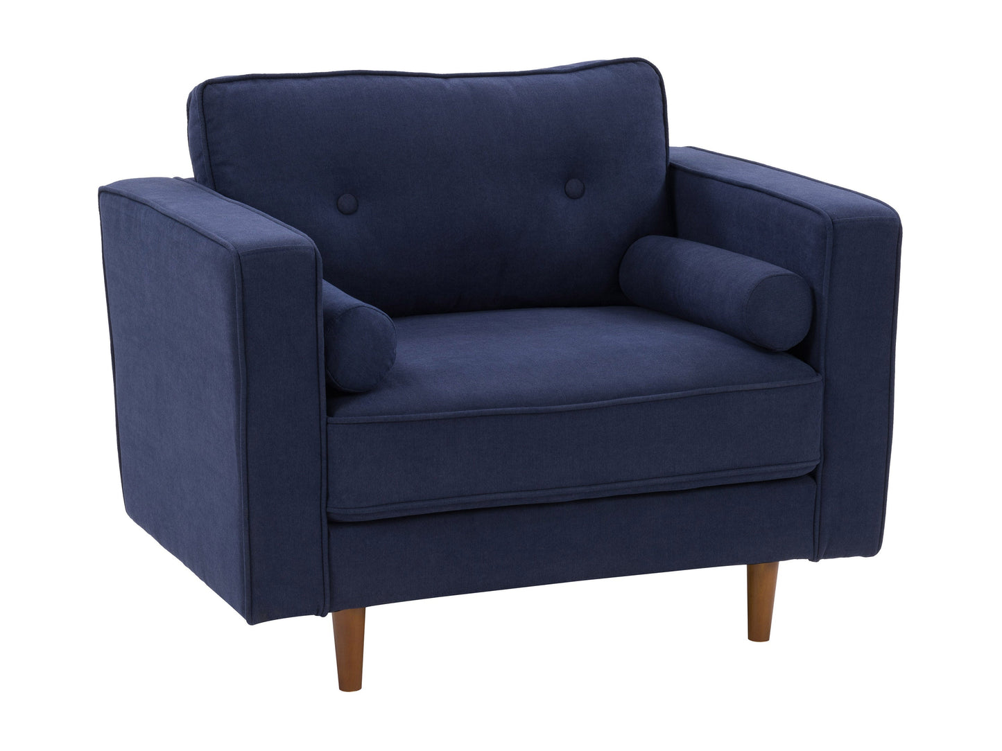 Navy blue mid-century modern arm chair with wooden legs, featuring a sleek design, plush upholstery, and button-tufted backrest. Ideal for living rooms or offices seeking stylish and comfortable seating.