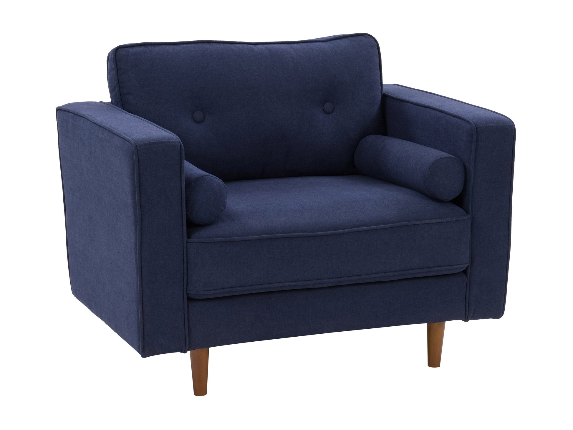 Navy blue mid-century modern arm chair with wooden legs, featuring a sleek design, plush upholstery, and button-tufted backrest. Ideal for living rooms or offices seeking stylish and comfortable seating.