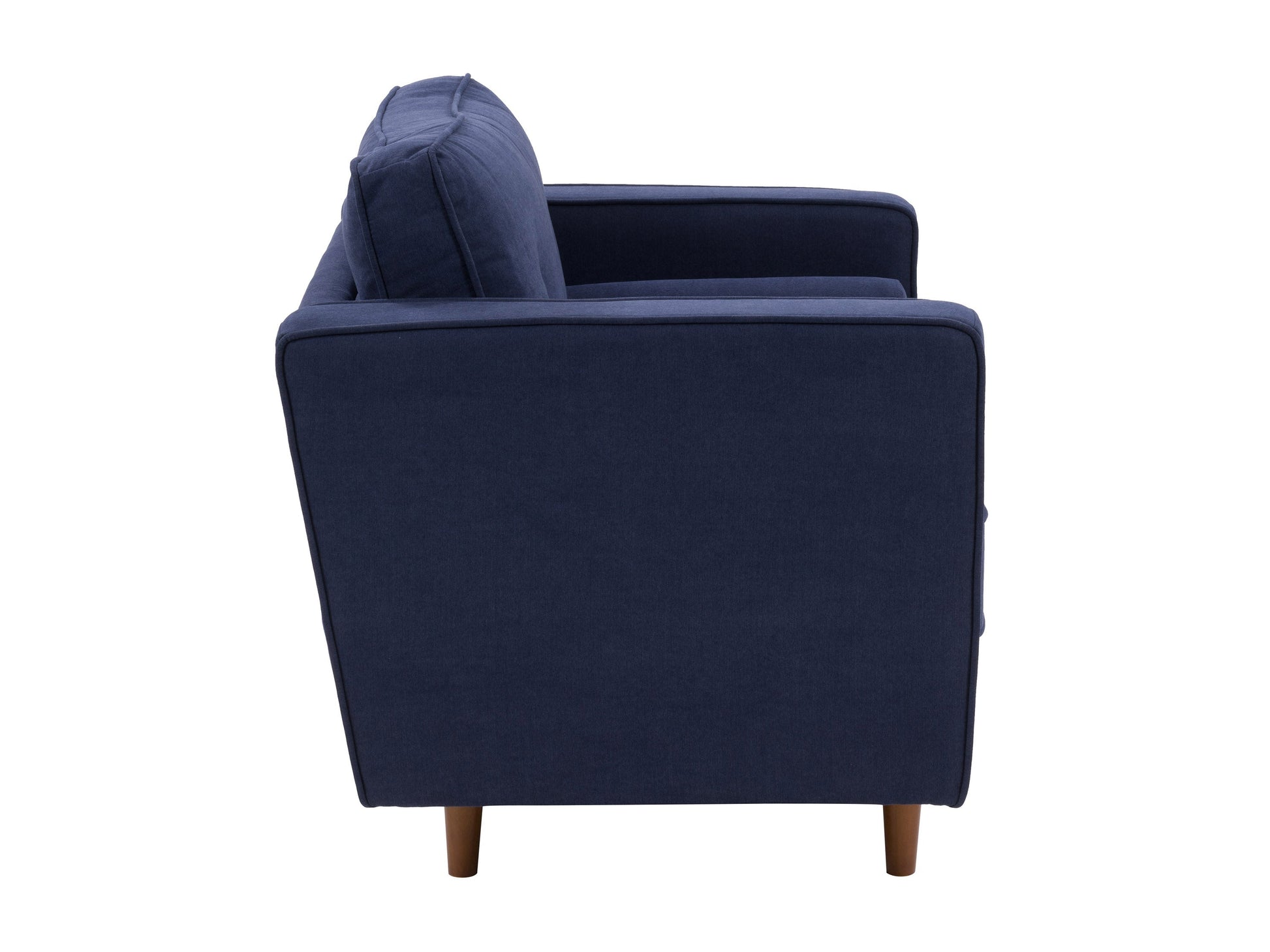 Navy blue mid-century modern arm chair with wooden legs, featuring a sleek design, plush upholstery, and button-tufted backrest. Ideal for living rooms or offices seeking stylish and comfortable seating.