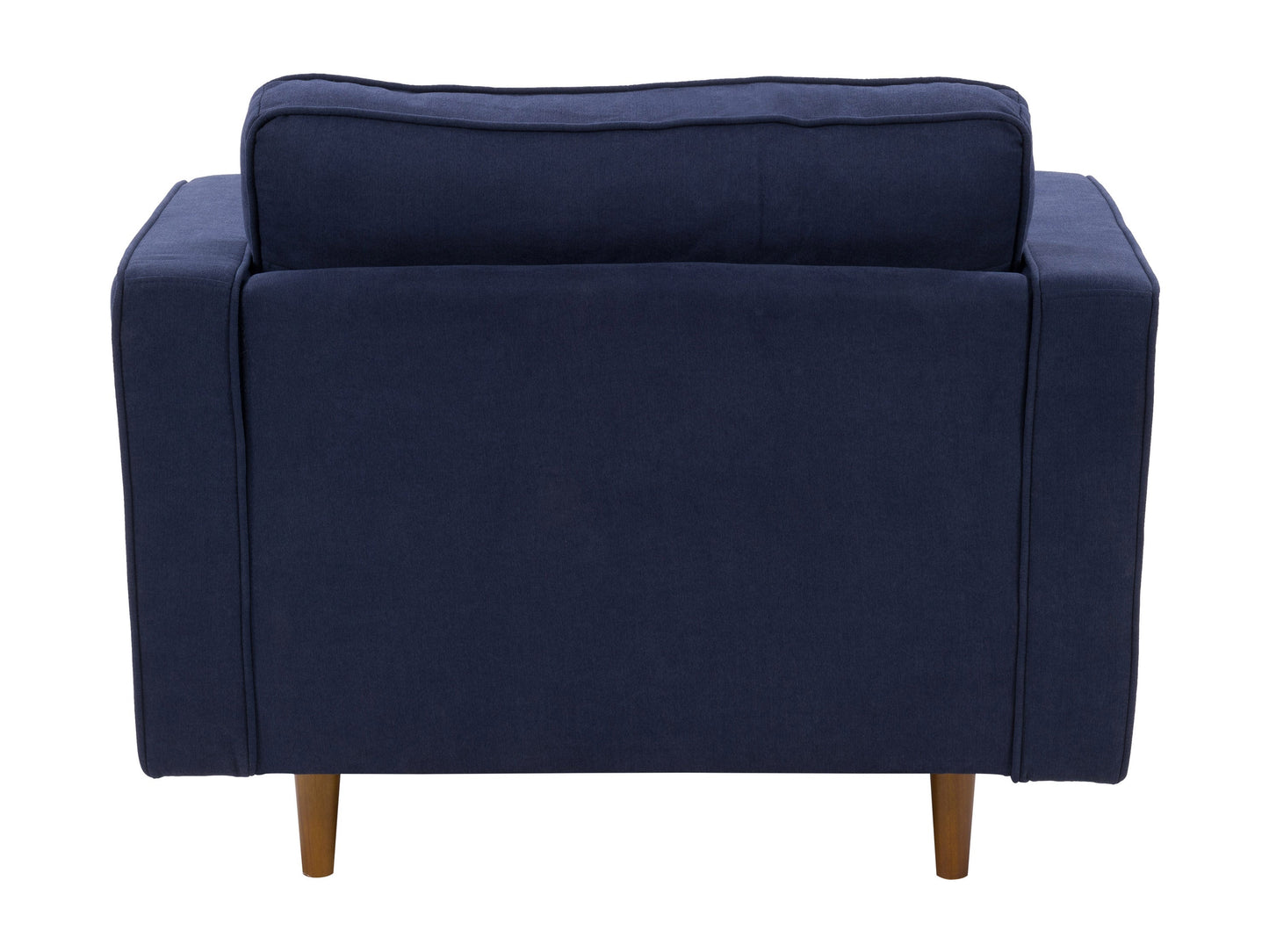 Navy blue mid-century modern arm chair with wooden legs, featuring a sleek design, plush upholstery, and button-tufted backrest. Ideal for living rooms or offices seeking stylish and comfortable seating.