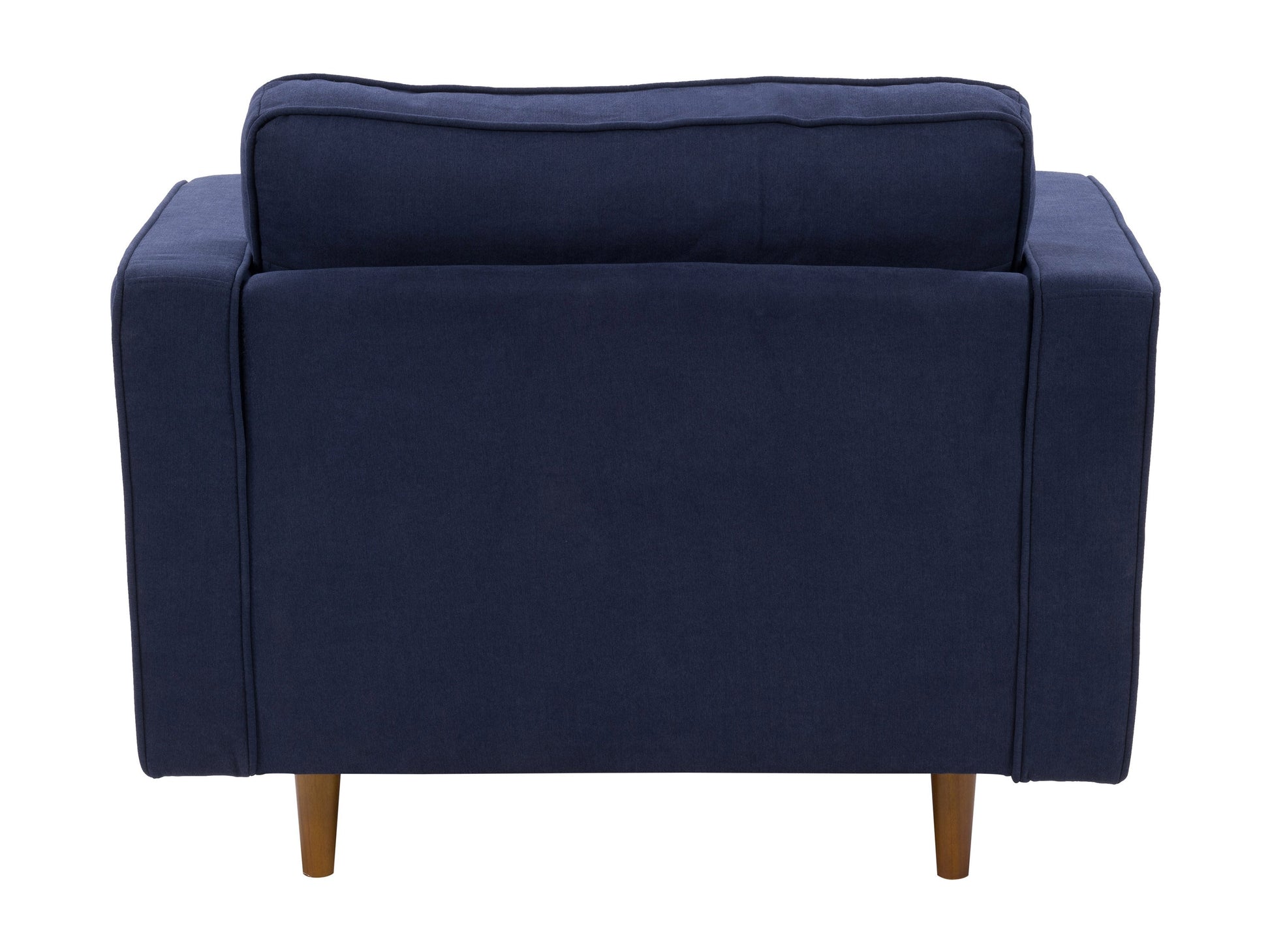 Navy blue mid-century modern arm chair with wooden legs, featuring a sleek design, plush upholstery, and button-tufted backrest. Ideal for living rooms or offices seeking stylish and comfortable seating.