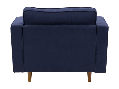 Navy blue mid-century modern arm chair with wooden legs, featuring a sleek design, plush upholstery, and button-tufted backrest. Ideal for living rooms or offices seeking stylish and comfortable seating.
