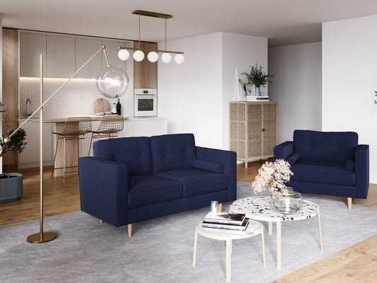 Navy blue 2 seater loveseat sofa with plush cushions, sleek wooden legs, and soft, textured fabric upholstery. Ideal for small living rooms or cozy spaces, offering comfort and style in a compact design.