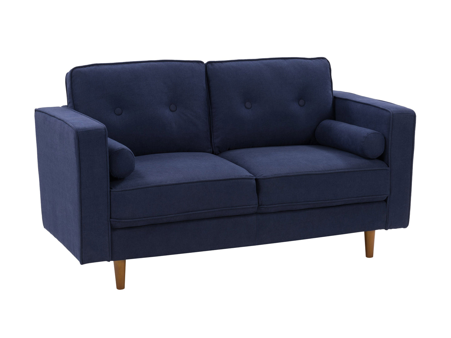 Navy blue 2 seater loveseat sofa with plush cushions, sleek wooden legs, and soft, textured fabric upholstery. Ideal for small living rooms or cozy spaces, offering comfort and style in a compact design.