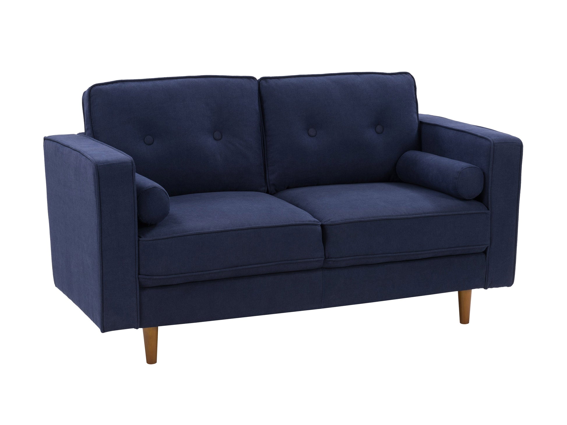 Navy blue 2 seater loveseat sofa with plush cushions, sleek wooden legs, and soft, textured fabric upholstery. Ideal for small living rooms or cozy spaces, offering comfort and style in a compact design.