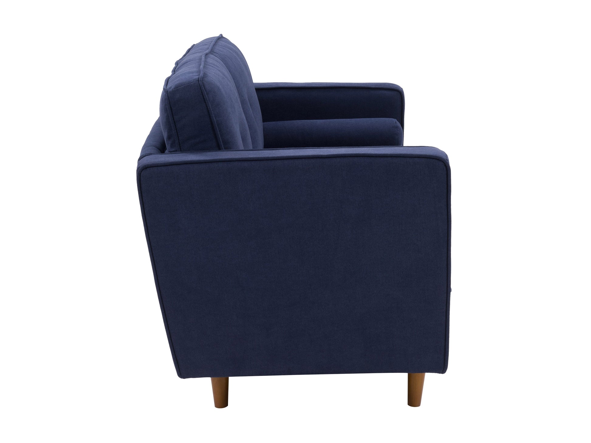 Navy blue 2 seater loveseat sofa with plush cushions, sleek wooden legs, and soft, textured fabric upholstery. Ideal for small living rooms or cozy spaces, offering comfort and style in a compact design.