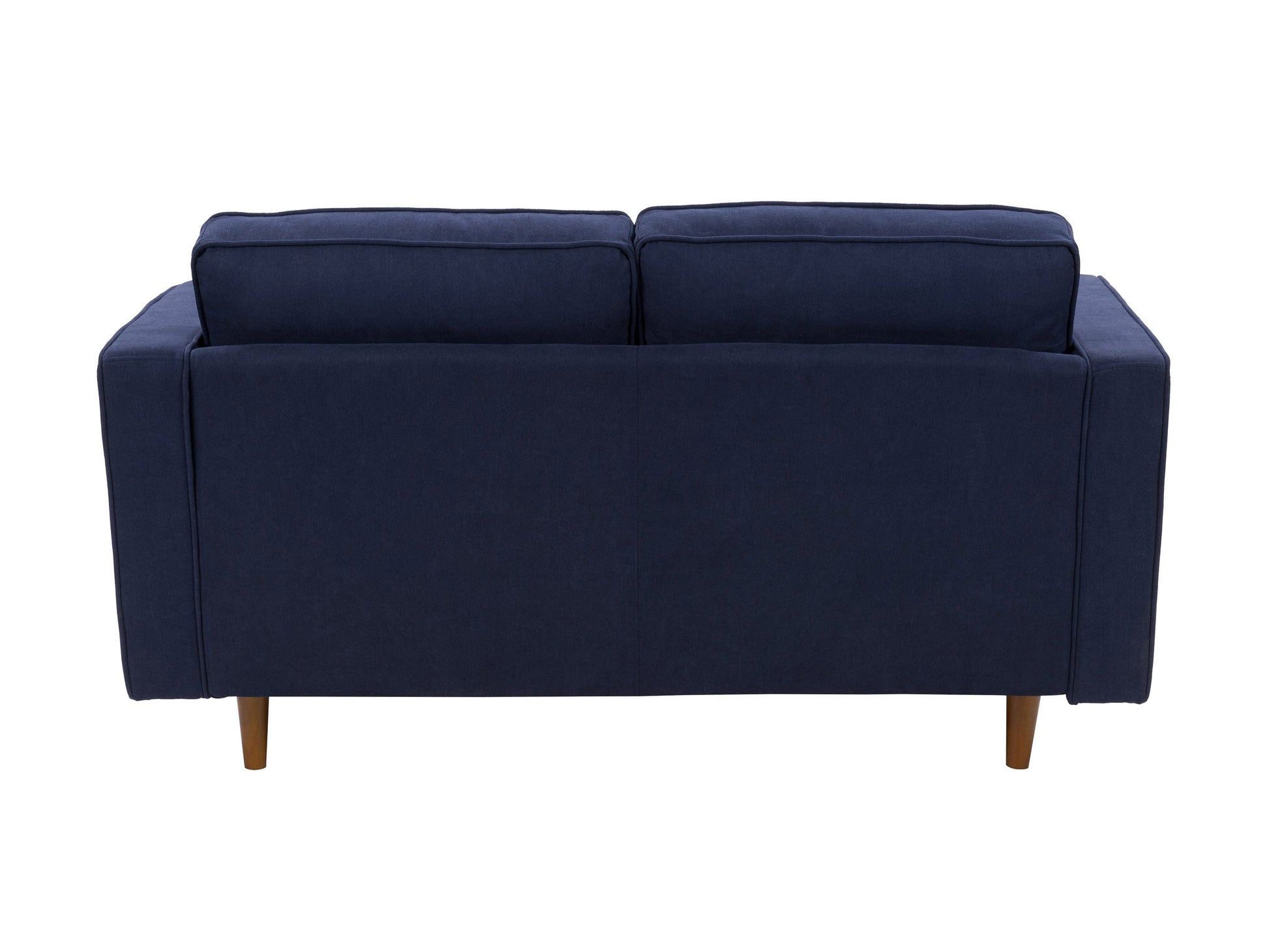 Navy blue 2 seater loveseat sofa with plush cushions, sleek wooden legs, and soft, textured fabric upholstery. Ideal for small living rooms or cozy spaces, offering comfort and style in a compact design.