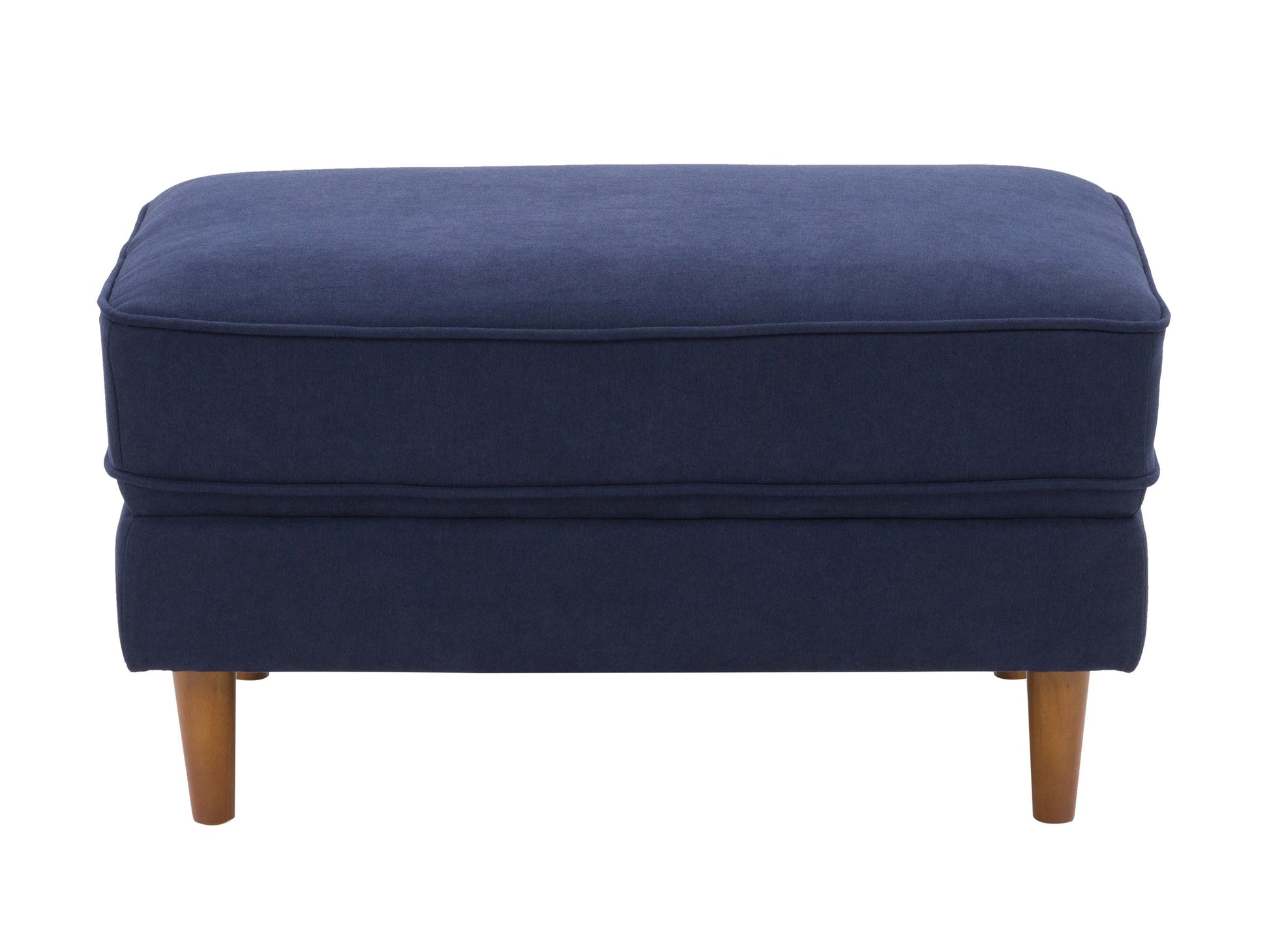 Navy blue mid-century modern ottoman with wooden legs, tufted fabric, and sleek design. Perfect for living room or bedroom decor.