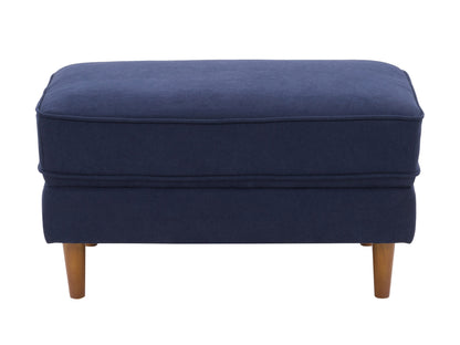 Navy blue mid-century modern ottoman with wooden legs, tufted fabric, and sleek design. Perfect for living room or bedroom decor.