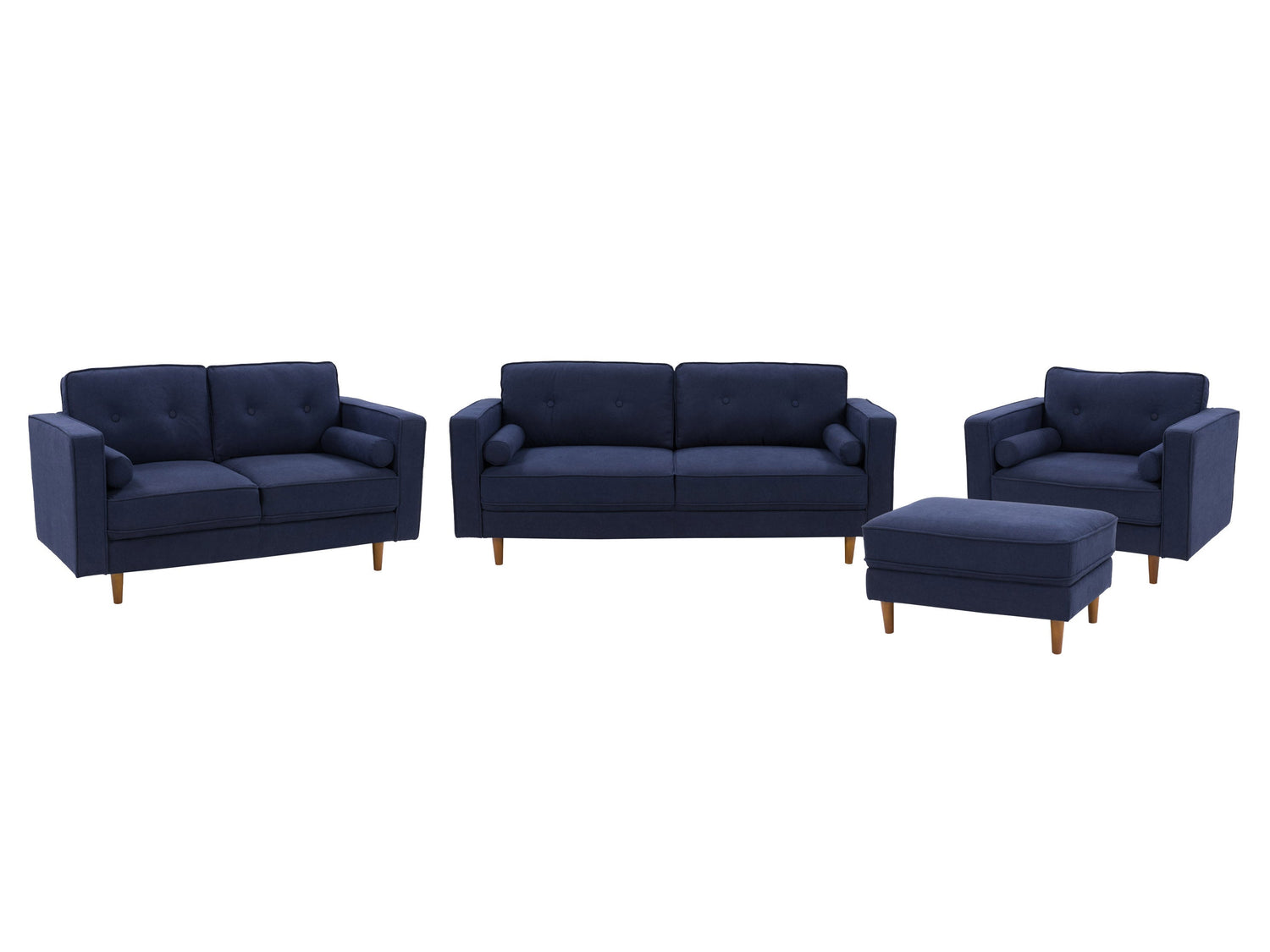 Navy blue 4-piece living room sofa set with plush cushions, sleek wooden legs, and soft fabric upholstery, featuring a modern design perfect for contemporary home decor and comfortable seating.