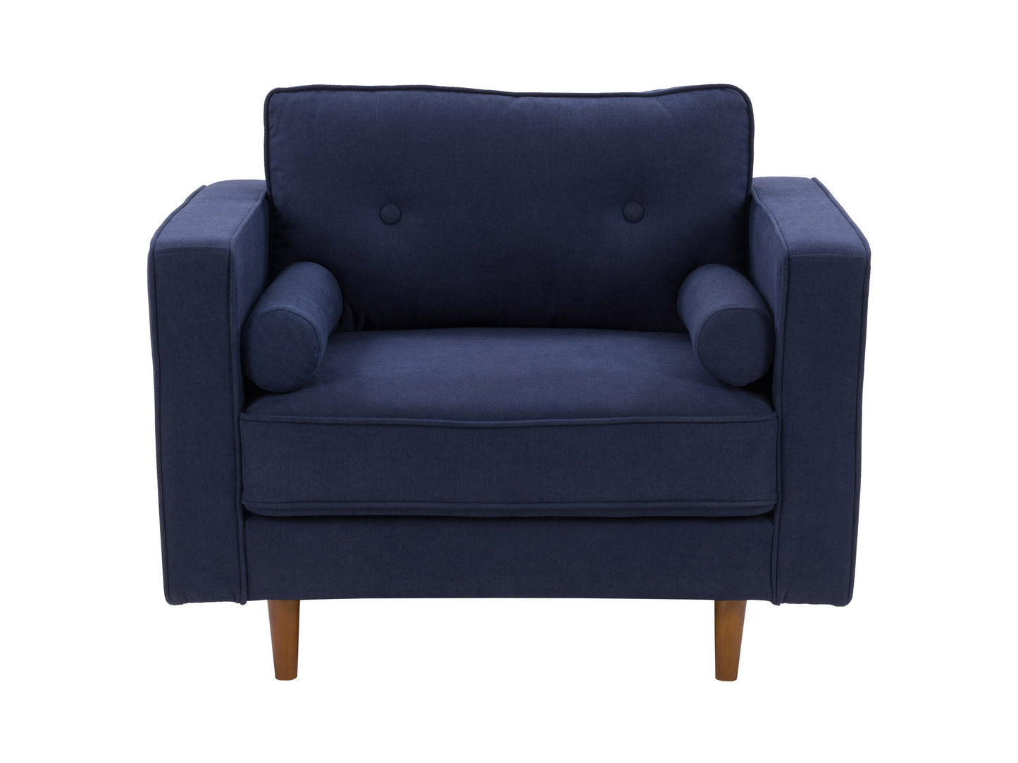 Navy blue sofa and chair set with plush cushions, wooden legs, and soft velvet upholstery, ideal for modern living rooms.