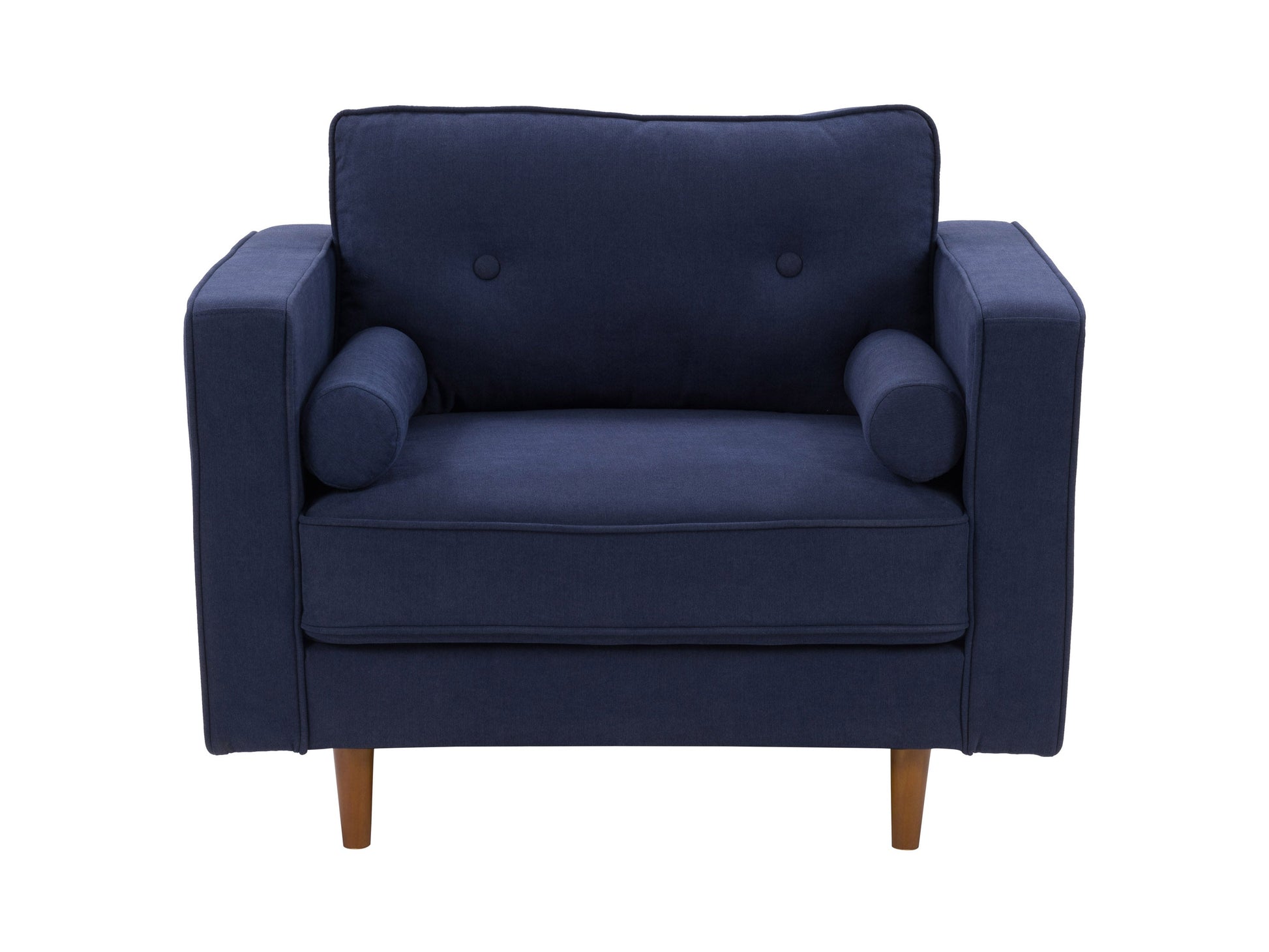 Navy blue sofa and chair set with plush cushions, wooden legs, and soft velvet upholstery, ideal for modern living rooms.