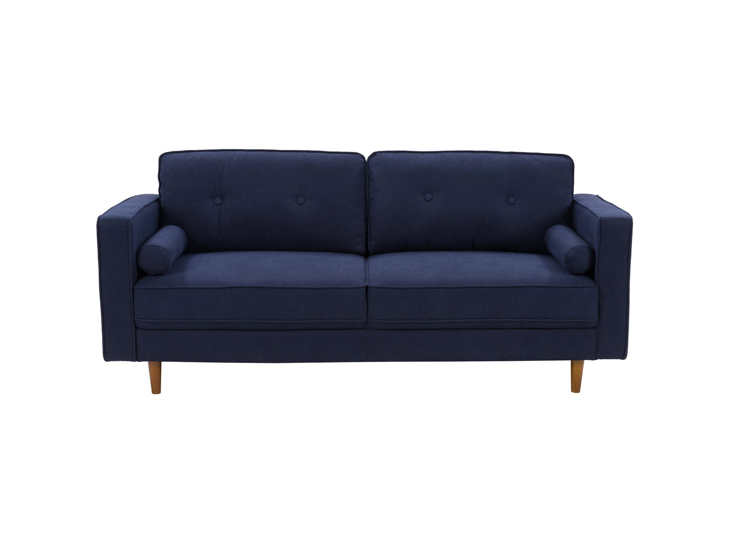 Navy blue sofa and chair set with plush cushions, wooden legs, and soft velvet upholstery, ideal for modern living rooms.