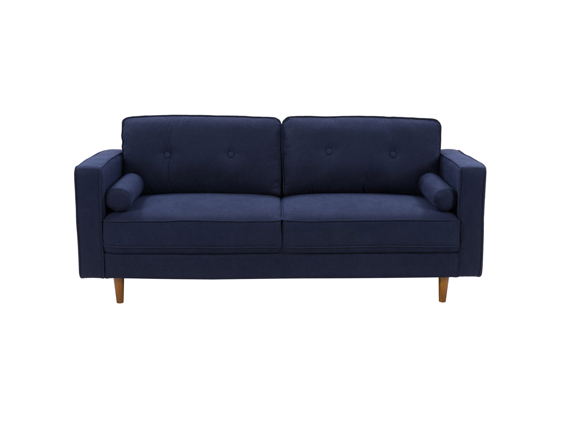 Navy blue sofa and chair set with plush cushions, wooden legs, and soft velvet upholstery, ideal for modern living rooms.