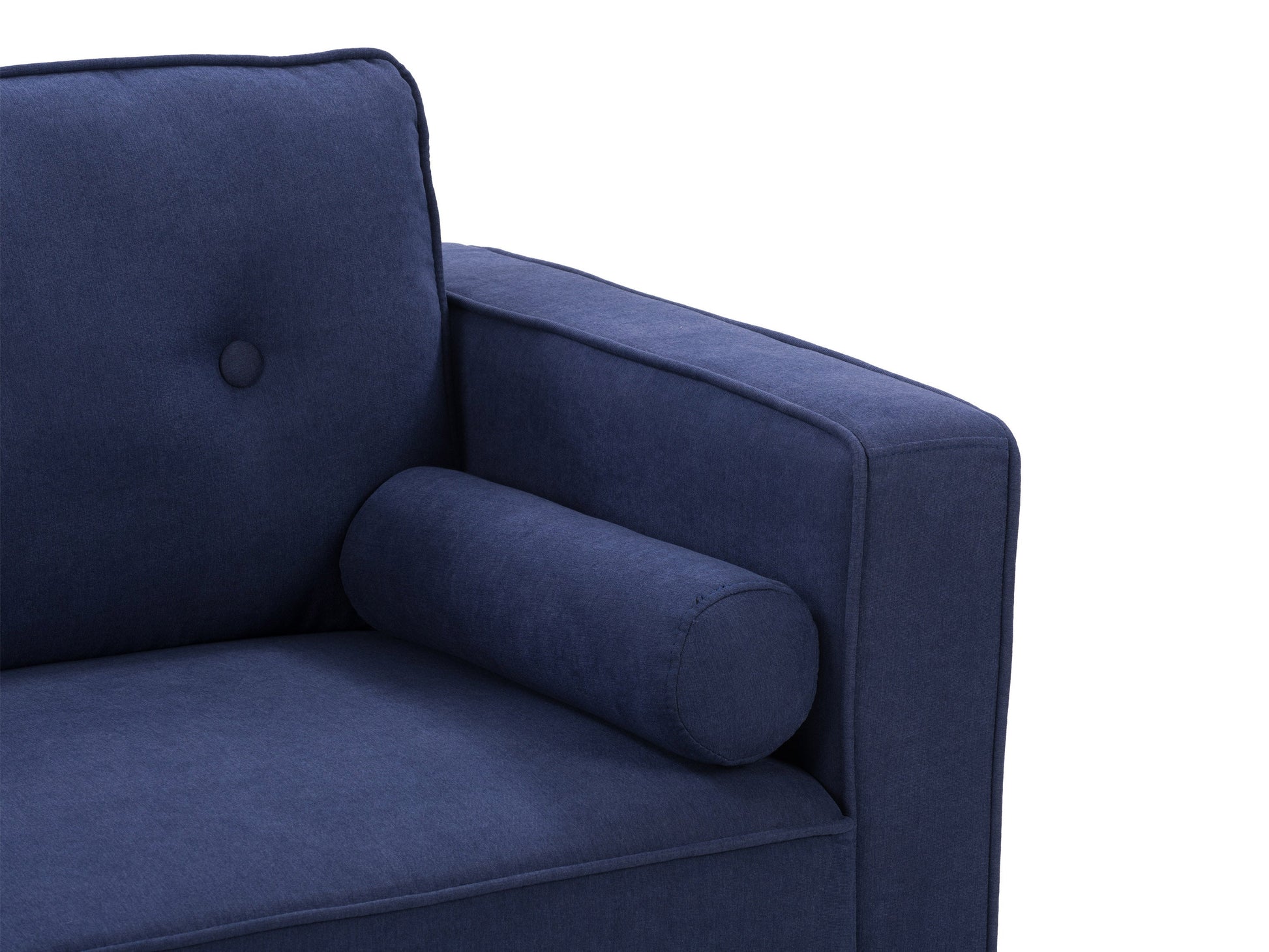 Navy blue sofa and chair set with plush cushions, wooden legs, and soft velvet upholstery, ideal for modern living rooms.