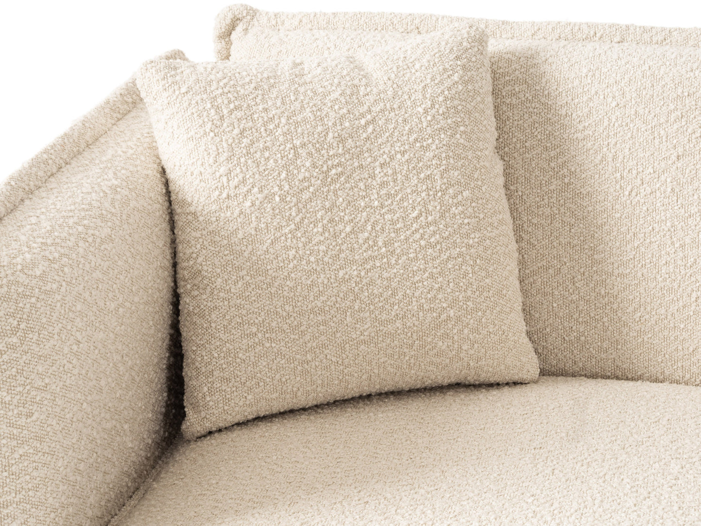 Modern boucle loveseat in cream, featuring soft textured fabric, sleek wooden legs, and plush cushioning for comfort and style, perfect for contemporary living rooms or cozy reading nooks.