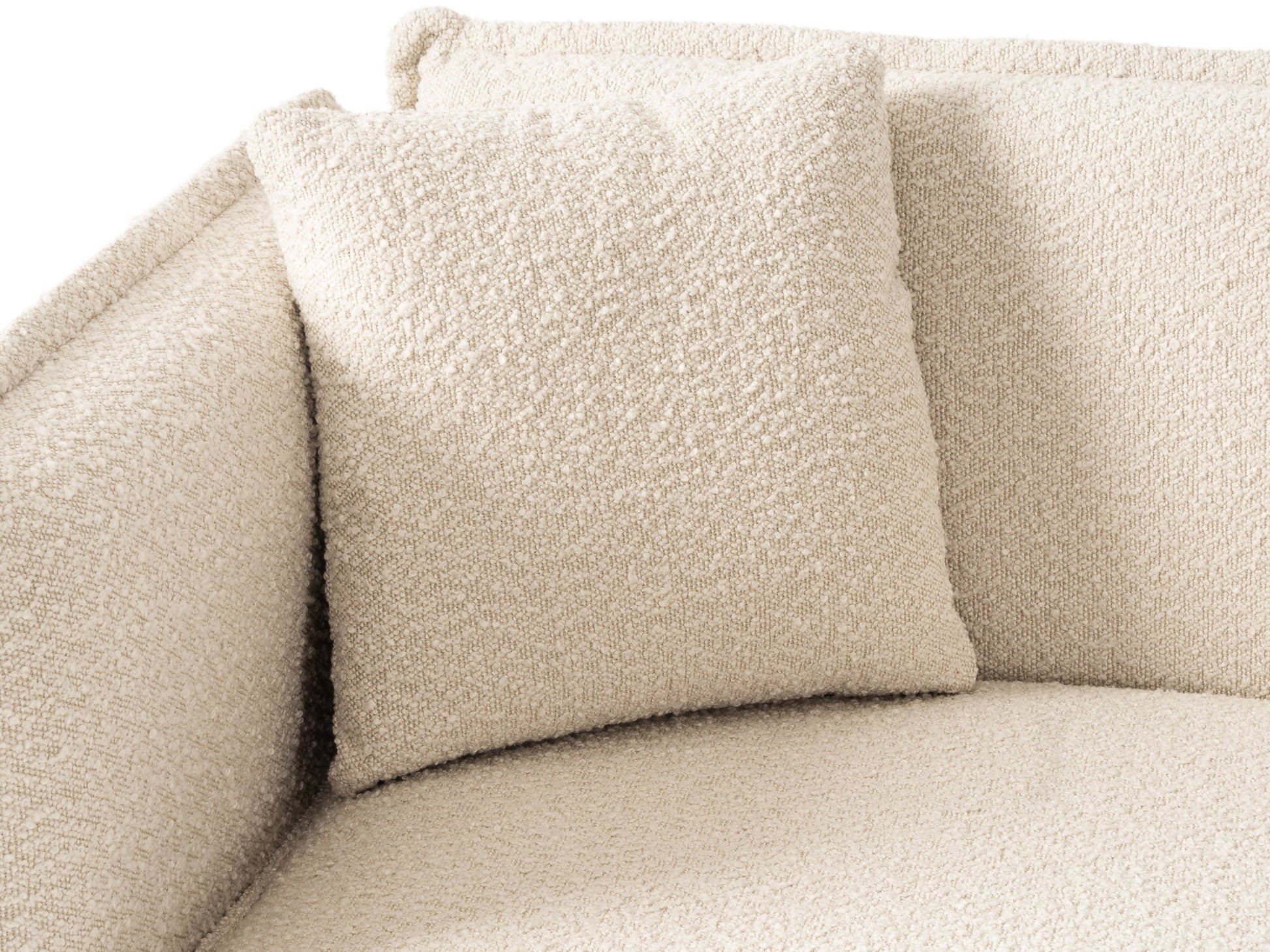 Modern boucle loveseat in cream, featuring soft textured fabric, sleek wooden legs, and plush cushioning for comfort and style, perfect for contemporary living rooms or cozy reading nooks.