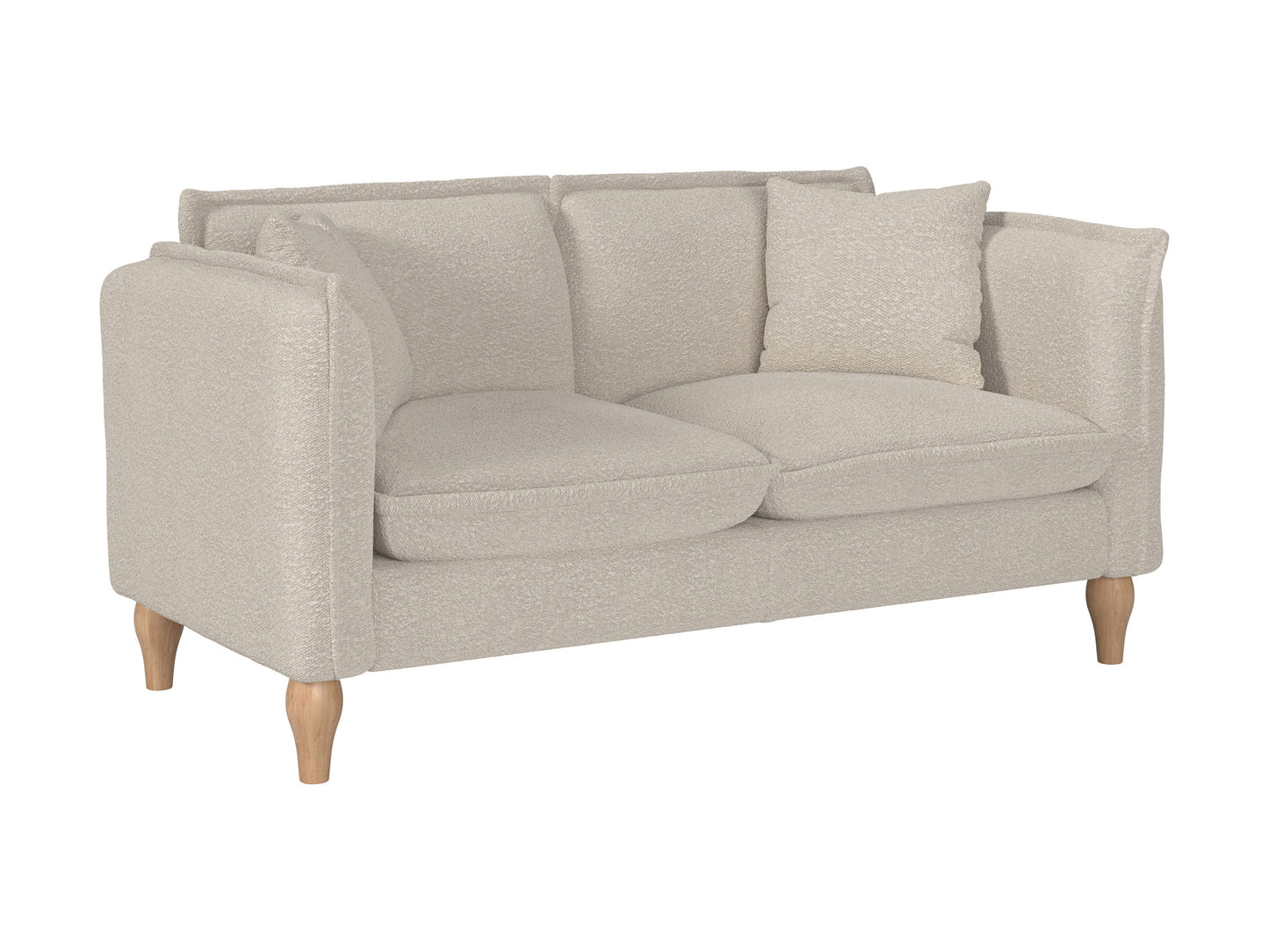 Modern boucle loveseat in cream, featuring soft textured fabric, sleek wooden legs, and plush cushioning for comfort and style, perfect for contemporary living rooms or cozy reading nooks.