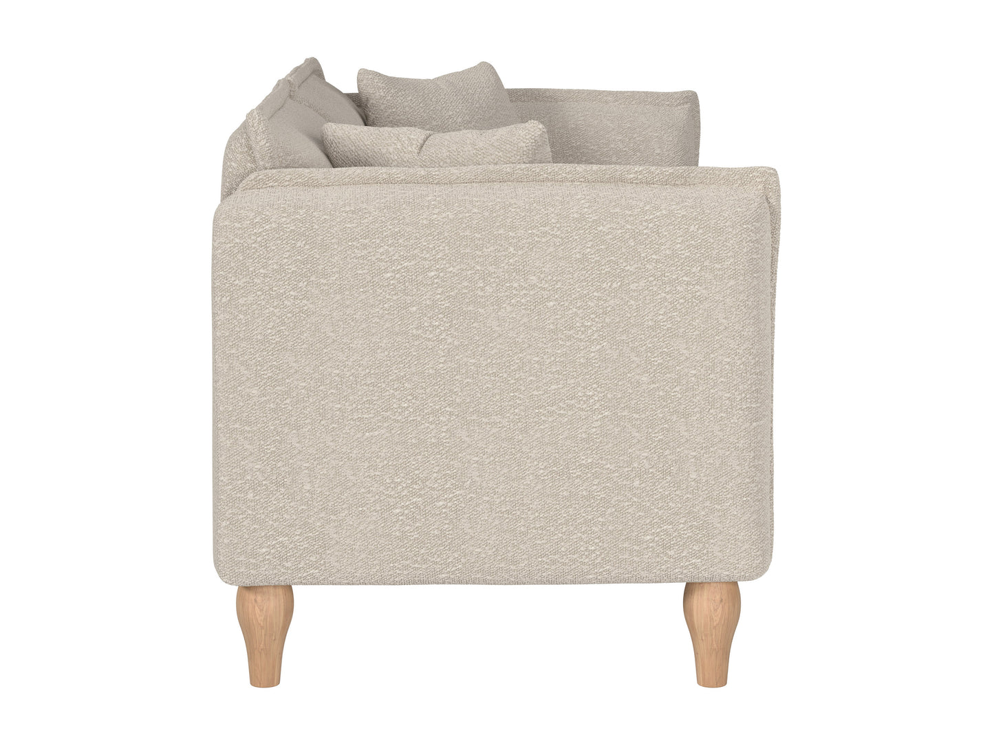 Modern boucle loveseat in cream, featuring soft textured fabric, sleek wooden legs, and plush cushioning for comfort and style, perfect for contemporary living rooms or cozy reading nooks.