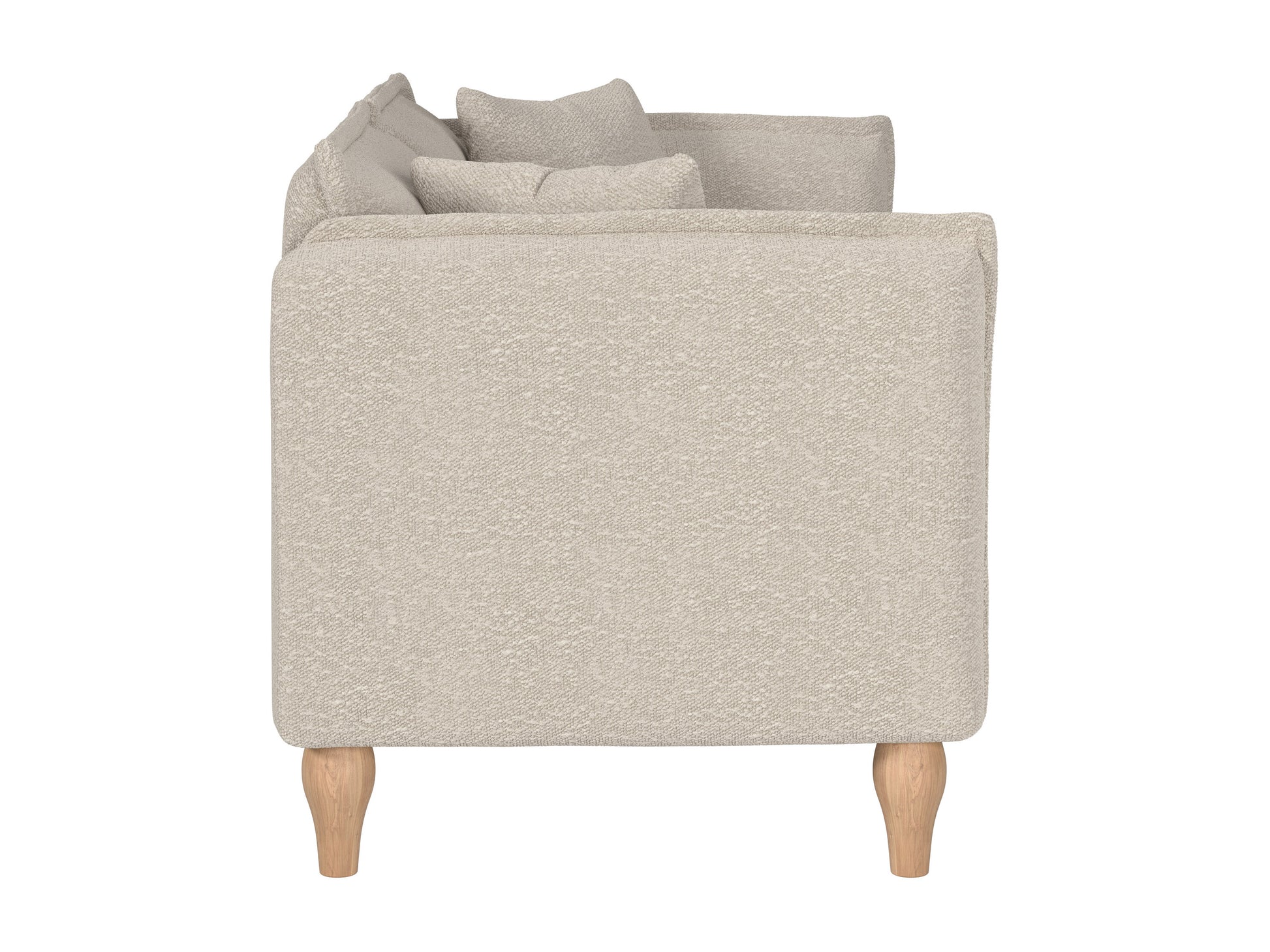 Modern boucle loveseat in cream, featuring soft textured fabric, sleek wooden legs, and plush cushioning for comfort and style, perfect for contemporary living rooms or cozy reading nooks.
