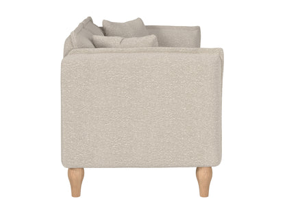 Modern boucle loveseat in cream, featuring soft textured fabric, sleek wooden legs, and plush cushioning for comfort and style, perfect for contemporary living rooms or cozy reading nooks.