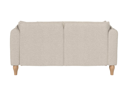 Modern boucle loveseat in cream, featuring soft textured fabric, sleek wooden legs, and plush cushioning for comfort and style, perfect for contemporary living rooms or cozy reading nooks.