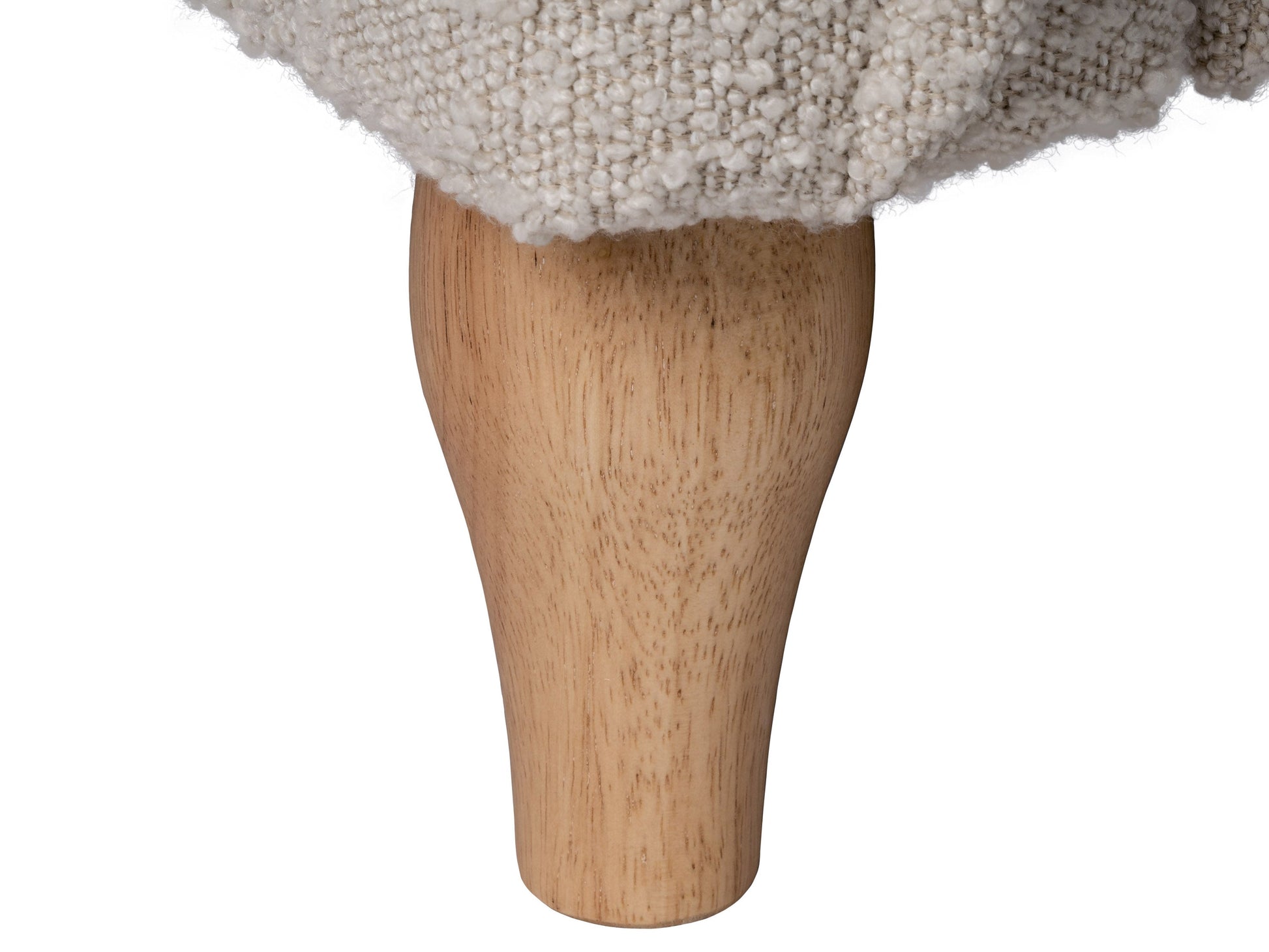 Cream Boucle Sofa with curved back, plush texture, and wooden legs. Ideal for modern living rooms. Comfortable seating with soft, tactile fabric.