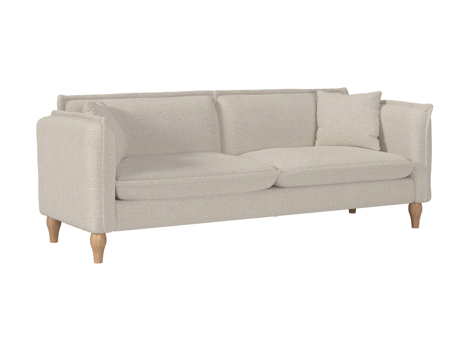 Cream Boucle Sofa with curved back, plush texture, and wooden legs. Ideal for modern living rooms. Comfortable seating with soft, tactile fabric.