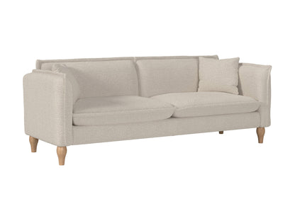 Cream Boucle Sofa with curved back, plush texture, and wooden legs. Ideal for modern living rooms. Comfortable seating with soft, tactile fabric.