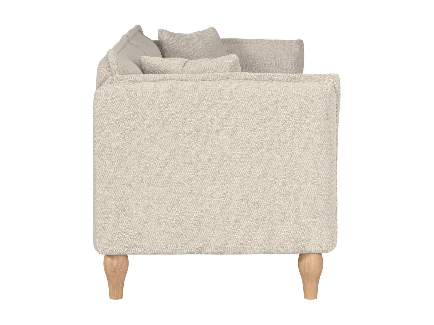 Cream Boucle Sofa with curved back, plush texture, and wooden legs. Ideal for modern living rooms. Comfortable seating with soft, tactile fabric.