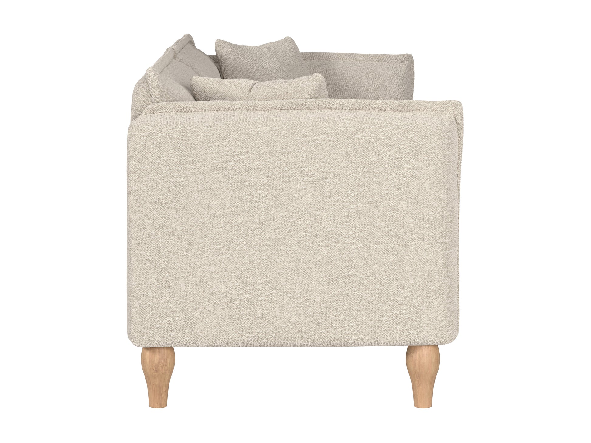 Cream Boucle Sofa with curved back, plush texture, and wooden legs. Ideal for modern living rooms. Comfortable seating with soft, tactile fabric.