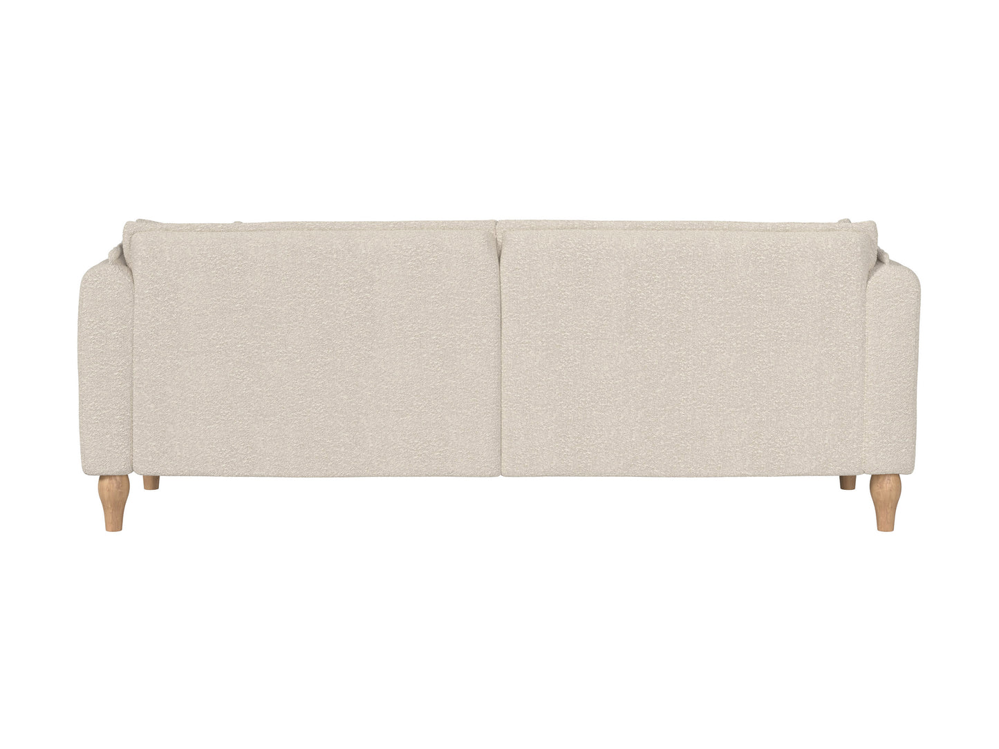 Cream Boucle Sofa with curved back, plush texture, and wooden legs. Ideal for modern living rooms. Comfortable seating with soft, tactile fabric.